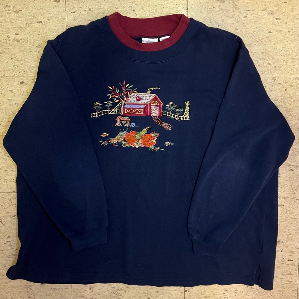 VTG Bobbie Brooks Womens Sweatshirt Farm Warm Autumn Fall Barn Granny Size 2XL